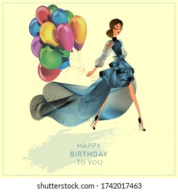 vector illustration, happy birthday girl with balloons