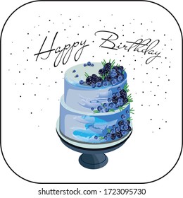 Vector illustration of a happy birthday greeting card with a blue cake with blueberries and blackberries on a stand on a white background with black dots white blue dark blue