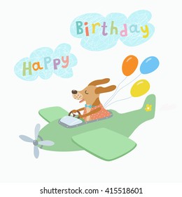 Vector Illustration of a Happy Birthday Greeting Card.Vector image of a dog flying on the plane with balloons  on a background of clouds.It is drawn in a cartoon style flat.