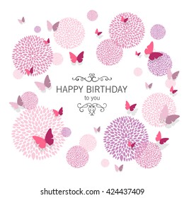 Vector Illustration of a Happy Birthday Greeting Card with Paper Butterflies and Floral Design Elements