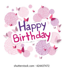 Vector Illustration of a Happy Birthday Greeting Card with Paper Butterflies and Floral Design Elements