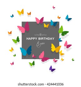 Vector Illustration of a Happy Birthday Greeting Card with Colorful Paper Butterflies