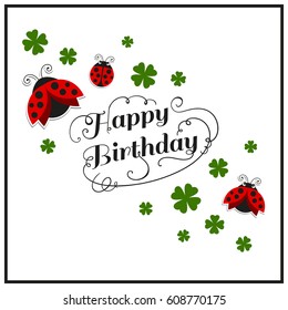 Vector Illustration of a Happy Birthday Greeting Card with Ladybugs
