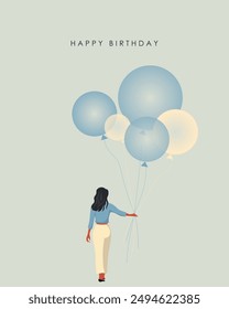 Vektorillustration. Herzlichen Glückwunsch zum Geburtstag, Feiertag! Postkarte, Poster, Cover. Modernes Design. Mädchen mit Ballon.