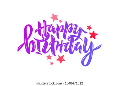 Vector illustration of Happy Birthday inscription with stars for birthday party, anniversary. Hand written lettering for greeting card, event decor, poster, banner, badge, tag, icon. EPS 10