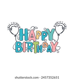 Vector illustration of Happy Birthday lettering with balloons, ideal for greeting cards, decorations, flyers, posters, and more