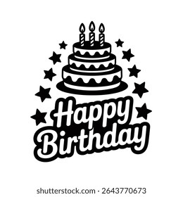 Vector Illustration of Happy Birthday Lettering with Cake, Candles, and Stars in Black and White

