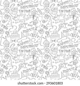 Vector Illustration Happy Birthday Party Doodle Black And White Seamless Pattern