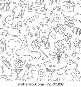 Vector illustration Happy birthday party doodle black and white seamless pattern