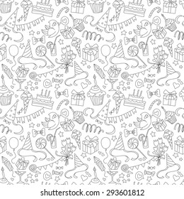 Vector illustration Happy birthday party doodle black and white seamless pattern