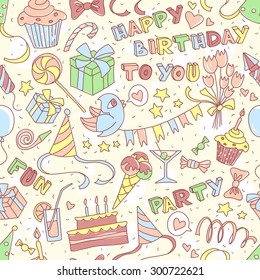 Vector illustration Happy birthday party greeting seamless pattern with hand drawn lettering, gift, flowers, cake, cocktail, bird, present, balloon