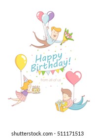 Vector illustration Happy birthday party greeting card invitation funny people characters flying with balloons, presents, flowers, cake, cupcakes, sweets. Line flat design kid's style