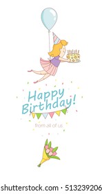 Vector illustration Happy birthday party greeting card invitation funny girl character flying with balloon and birthday cake with candles. Line flat design kid's style