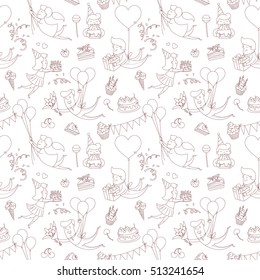 Vector illustration Happy birthday party greeting seamless pattern funny people characters flying with balloons, presents, flowers, cake, cupcakes, sweets. Line flat design kid's style