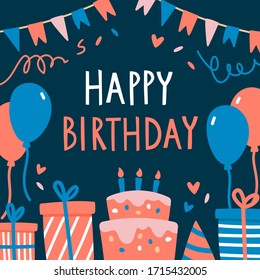 Vector illustration of happy birthday postcard with text lettering on dark background. Party elements, balloons, cake, gift box, party hat, flags and glitter. For greeting card, design, print, poster