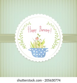 Vector illustration of a happy birthday postcard with tender green flowers and plants.
