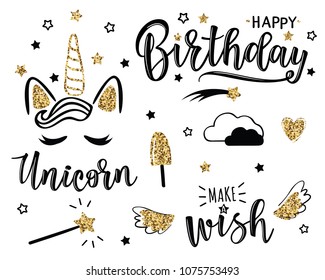 Vector illustration of a Happy Birthday set with stars and unicorn. Greeting card with "Happy Birthday" inscription. Can be used for cards, flyers, posters, t-shirts.