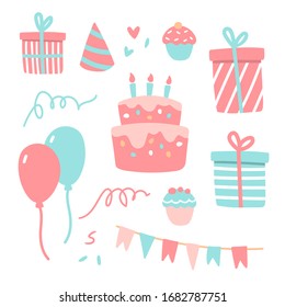 Vector illustration of happy birthday set. Party elements, balloons, cake and capcakes, gift box, party hat, flags. Cute hand drawn artwork in doodle style. For greeting card, design, print, poster