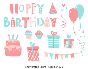 Vector illustration of happy birthday set. Party elements, balloons, cake and capcakes, gift box, party hat, flags and text lettering. For greeting card, design, print, poster