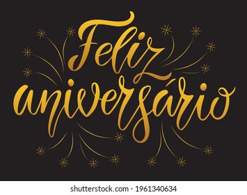 Vector illustration of Happy Birthday text in Portuguese for logotype, t-shirt, banner, poster, decoration, postcard. Happy Birthday calligraphy background. Happy Birthday lettering. EPS 10.  