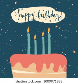 Vector illustration of Happy Birthday words and festive cake with candles on blue background. 