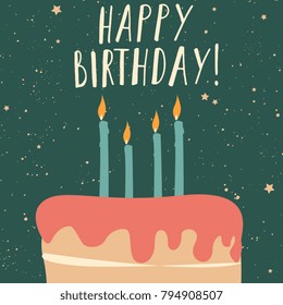 Vector illustration of Happy Birthday words and cake with candles on green background. 