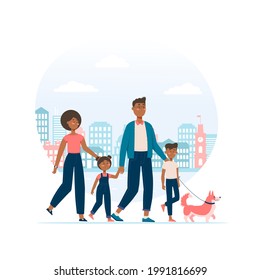 Vector illustration. Happy black family with two kids walking a dog on a leash