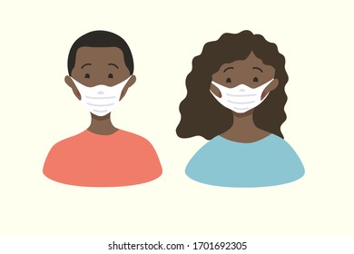 Vector illustration of a happy black man and woman wearing protective medical masks. 