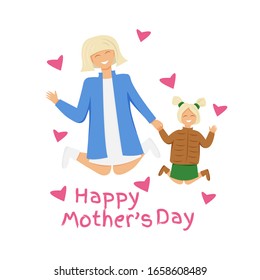 Vector illustration of happy blond family jumping. Mother and daughter holding hands. Greeting card for mother's day with cute characters and text. Flat design of funny people isolated. Mom's love