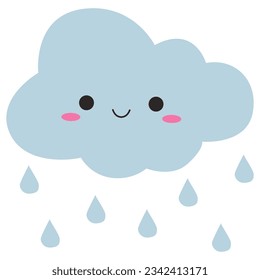 Vector illustration of happy blue cloud with falling water drops isolated on white background.