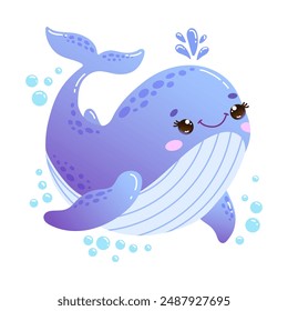 Vector Illustration of happy blue whale with a friendly smile, surrounded by bubbles in cartoon style