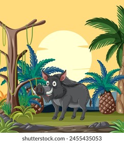 Vector illustration of a happy boar in a lush jungle.
