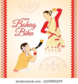 Vector illustration of Happy Bohag Bihu Assamese New Year Harvest festival wishes greeting