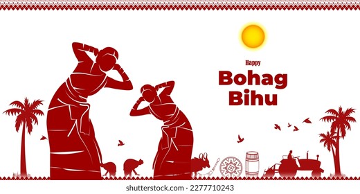 Vector illustration of Happy Bohag Bihu Assamese New Year Harvest festival wishes greeting