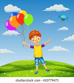 Vector illustration of a happy boy with balloons on a meadow