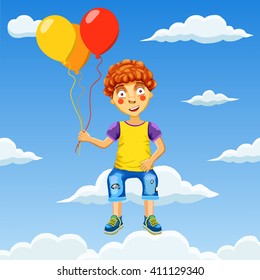 Vector illustration of a happy boy with balloons in cloudy sky