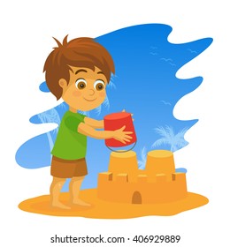 Vector Illustration of Happy a Happy Boy Building a Sandcastle