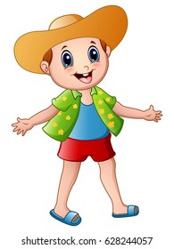 Vector illustration of Happy boy cartoon with summer clothes and a hat