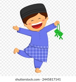 Vector illustration of Happy boy celebrating Hari Raya Aidilfitri on transparent background