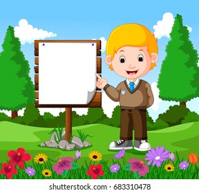 vector illustration of happy boy with empty signboard