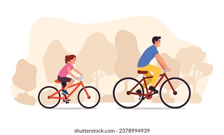 Imagen vectorial de un niño y una niña felices montando bicicletas. Escena de caricatura de un niño y una niña montando bicicletas en el parque con siluetas de árboles aisladas de fondo blanco.