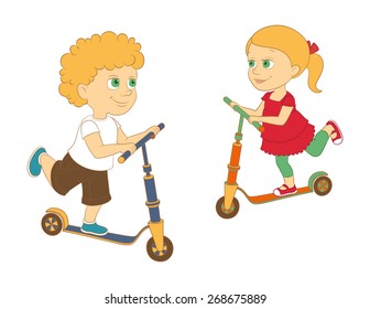 A vector illustration of happy boy and girl riding scooter