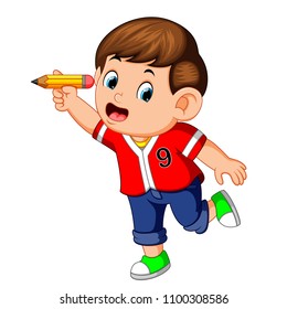 vector illustration of happy boy holding pencil