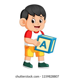 vector illustration of happy boy holding the alphabet cube