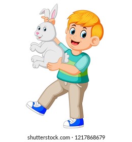 vector illustration of happy boy holding a rabbit