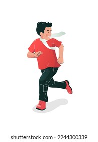 Vector illustration of a happy boy. A little boy running on the white background. Colorful illustration of a smiling boy in bright clothes. Healthy and energetic happy boy actively spending time.