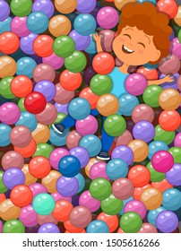 Vector illustration of happy boy lying under the colorful balls