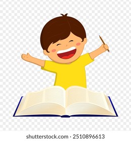 Vector illustration of happy boy with open book and holding pencil in hand on transparent background