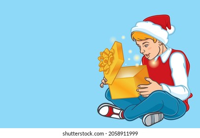 Vector illustration of happy boy opening and looking inside magical gift boxes, shiny stars, wishes, happy holidays, isolated on blue background, Merry Christmas, Happy New Year concept.
