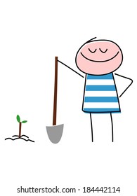 Vector illustration of a happy boy planting a new tree for the Israeli holiday Tu Bishvat